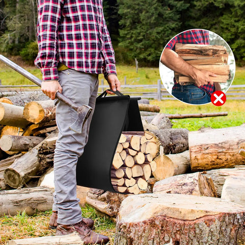 Heavy Duty Firewood Rack For Indoor Outdoor Use With Thickened Metal Construction, carrying firewood in a black rack