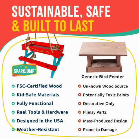 Comparison of Picnic Table Bird Feeder Kit and a generic feeder highlighting features like FSC certified wood and full functionality.