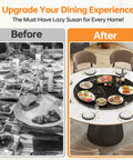 Smooth Operator 35.5 Inch Lazy Susan Turntable With Grip Tight Non Slip Base Heavy Duty Silent Spin Serving Tray For Kitchen Or Living Room glossy black before and after dining setting