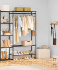 All In One Wardrobe Closet Organizer With Hanging Rod And Four Shelves Free Standing Portable Clothing Rack in room with shoes and clothes