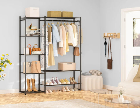 All In One Wardrobe Closet Organizer With Hanging Rod And Four Shelves Free Standing Portable Clothing Rack in room with shoes and clothes