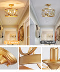 3 Light Farmhouse Semi Flush Mount Ceiling Light With Gold Finish For Kitchen Hallway Living Room And Bedroom, close-up views on and off