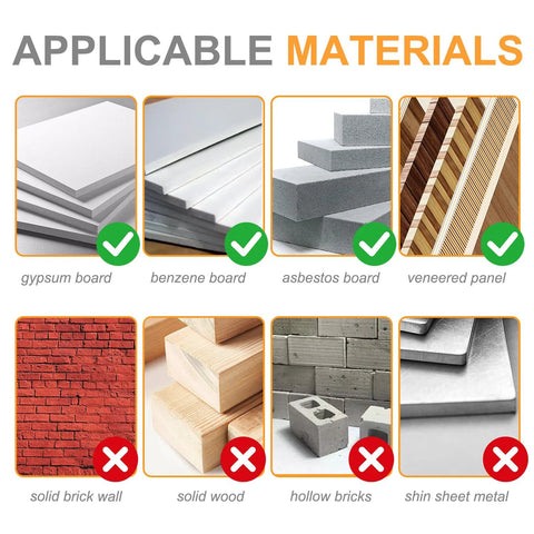 Image showing applicable materials for Drywall Anchors With Screws Kit 2026: gypsum, benzene, asbestos boards, and veneered panel. Not for brick, wood, bricks, or metal.