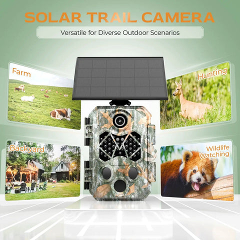 4K 64MP Solar Trail Camera With Massive 10000mAh Battery And Instant WiFi Bluetooth Hunting Cam in versatile outdoor scenarios.
