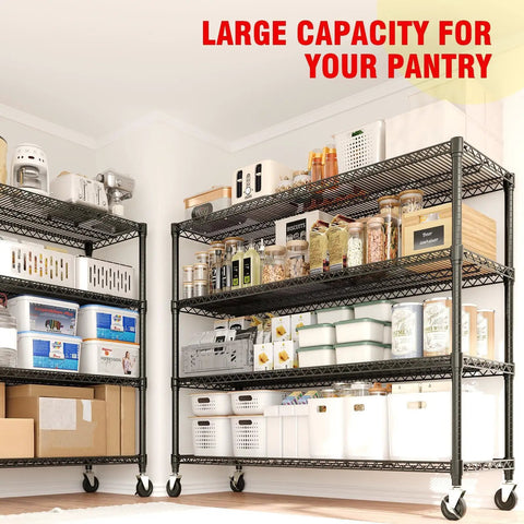 Heavy Duty 2640 Pound Storage Shelves With Wheels, 71 Inch Tall Commercial Garage Shelving Unit, black metal shelving unit loaded with pantry items.