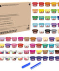 Game Changing Modeling Compound Haul With 65 Mini Cans Serving Up Sixty Varieties Including Rainbow Classics Plus Sparkle Confetti and Color Burst Vibes Ideal for Back to School Supply Lists and Preschool Projects for Kids Two Plus, featuring 65 mini cans in vibrant colors.