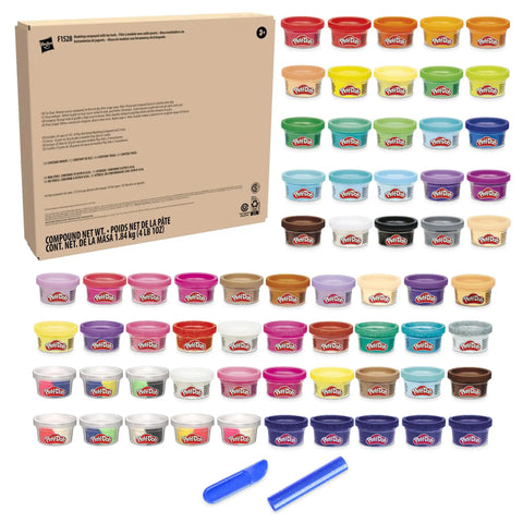 Game Changing Modeling Compound Haul With 65 Mini Cans Serving Up Sixty Varieties Including Rainbow Classics Plus Sparkle Confetti and Color Burst Vibes Ideal for Back to School Supply Lists and Preschool Projects for Kids Two Plus, featuring 65 mini cans in vibrant colors.