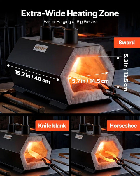 Portable Two Burner Propane Forge For Blacksmithing And Knife Making, Reaches 2600 F, showing measurements and heating items