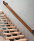 Built Tough Wall Mount Wood Handrail With Industrial Pipe Brackets For Indoor Staircases Hallways And Landings, dark wood 9ft rail on staircase.