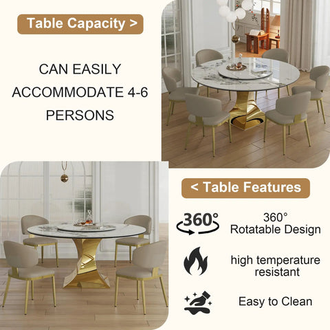 Top Tier 59 Inch Round Sintered Stone Dining Table With Faux Marble Top Easy Spin Lazy Susan showcasing 360° rotatable design.