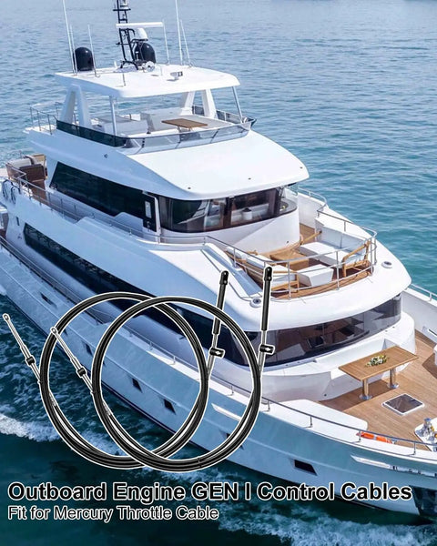 Two 14Ft Boat Engine Control Cables for Mercury Gen I Throttle and Shift Cable with yacht on water backdrop