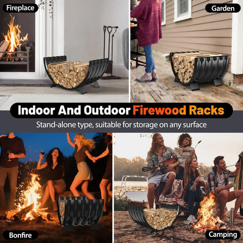Go-To Rustproof Metal Firewood Rack For Outdoor Fire Pit And Indoor Fireplace Storage displayed in various settings