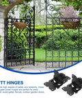 Tough As Nails Heavy Duty Black Stainless Steel Gate Hinges For Wood Fences And Patio Doors Two Pack displayed on ornate gates.