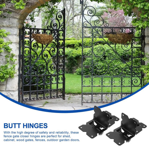 Rock Solid Black Stainless Steel Gate Hinges Heavy Duty Barn Door Hardware Pair with Rust Proof Coating shown on large garden gates.
