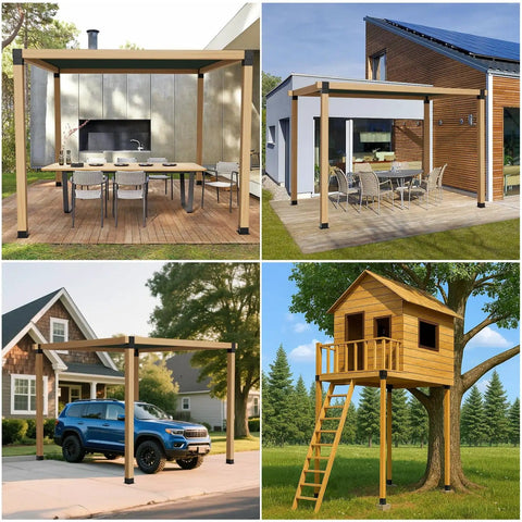 Applications of Beefy 8 Pack 4x4 Post Bracket Kit for pergolas and outdoor builds, including pergola, tree house, and carport.