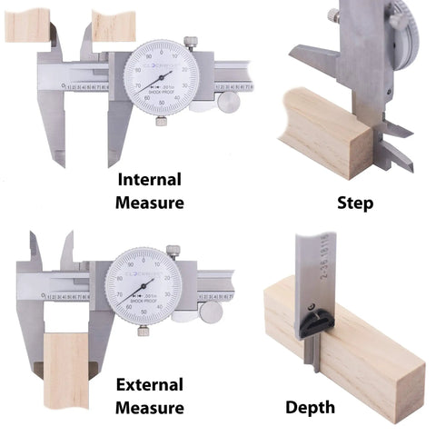 Dial Caliper 0-8 Inch Stainless Steel With Double Shock Proof Design For Home DIYers And Pros, 1.5 Inch Dial demonstrating measurements
