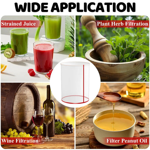Five Pack 5 Gallon All Mesh Filter Bags Set For Hydroponics And Industrial Use Reusable Nylon Mesh Strainer Bags With 25 73 120 160 220 Micron Options showing applications like juice, herbs, wine, and oil filtration.