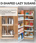 Top Shelf Wood Five Shelf D Shaped Lazy Susan With Slick Chrome Spin Hub And Heavy Duty Telescoping Post For Nailed Down Cabinet Pantry Setup All Day Long in a kitchen cabinet.