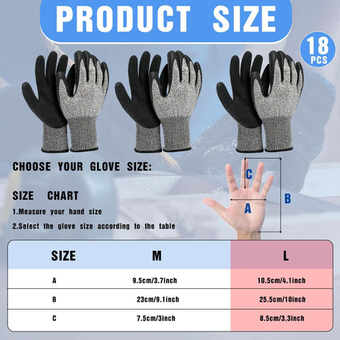 Level 5 Cut Resistant Gloves Set, 18 Pairs Lightweight Protective Work Gloves With PU Coated Palms, HPPE Shell, size chart
