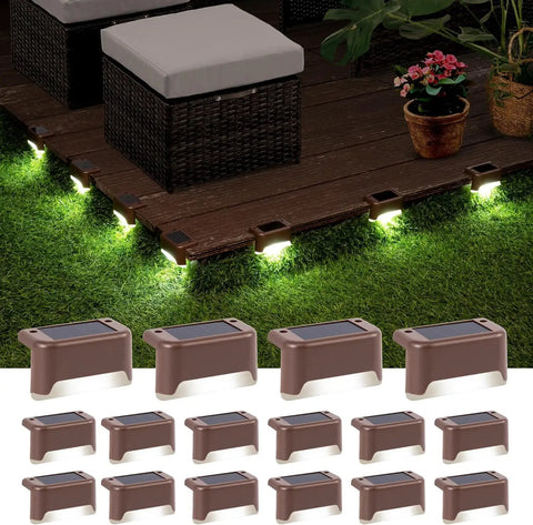 Heavy Duty Solar Deck Lights Outdoor 16 Pack Waterproof LED Step Lights For Stairs Fence Steps And Patio Railings To Keep Your Yard Straight Up Slick And Secure With Zero Sweat After Dark Cool White on a patio.