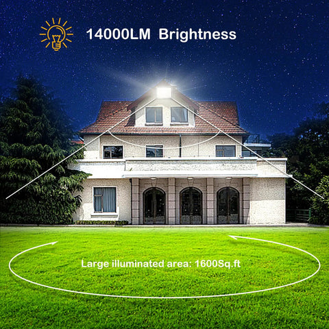 Tough As Nails 120W Led Flood Lights Outdoor Rock Solid 14000 Lumens illuminating a large yard area at night.