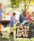 Built Tough Indoor Firewood Rack With Leather Carrier 17.32 Inch Metal Wood Storage Stand outdoors near barbecue and campers