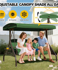 Family enjoying outdoor swing in garden, under green 3 Seat Patio Swing With Canopy Convertible Outdoor Swing Bed With Thick Cushions And Pillows Cup Holders 135 Degree Adjustable Hardtop Canopy Shade For Backyard Garden Or Deck Green.