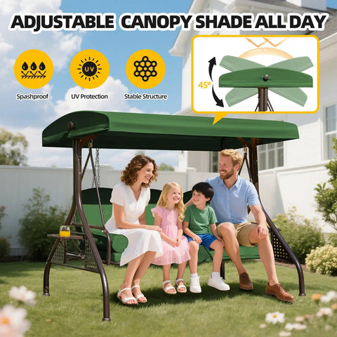 Family enjoying outdoor swing in garden, under green 3 Seat Patio Swing With Canopy Convertible Outdoor Swing Bed With Thick Cushions And Pillows Cup Holders 135 Degree Adjustable Hardtop Canopy Shade For Backyard Garden Or Deck Green.