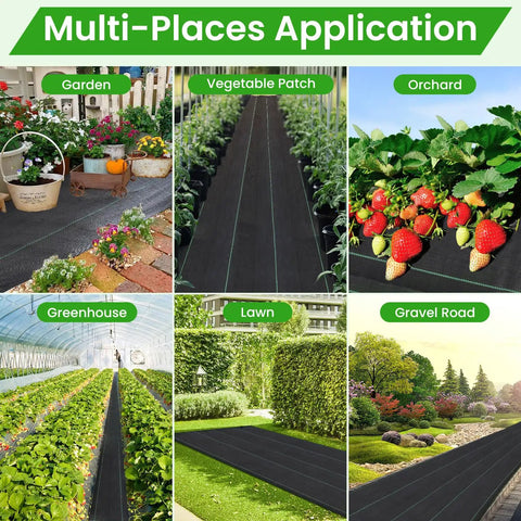 Tough As Nails Weed Barrier Fabric 4x300ft Landscape Geotextile Ground Cover Mat 3.2oz shown in garden, greenhouse, orchard, and lawn.