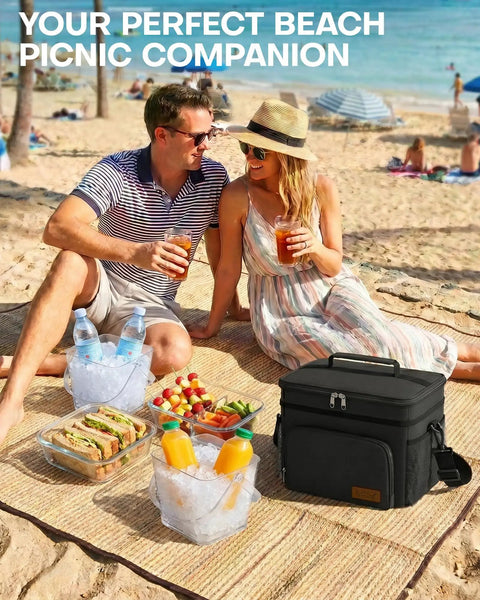 Premium 9 Liter Soft Sided Cooler Bag With Leak Proof Design on beach with picnic food and drinks.