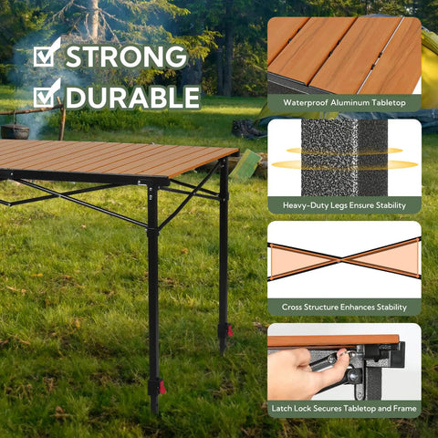 Tailgate Ready Portable Outdoor Adjustable Height Camping Table with aluminum tabletop and stable frame, shown with strong features.