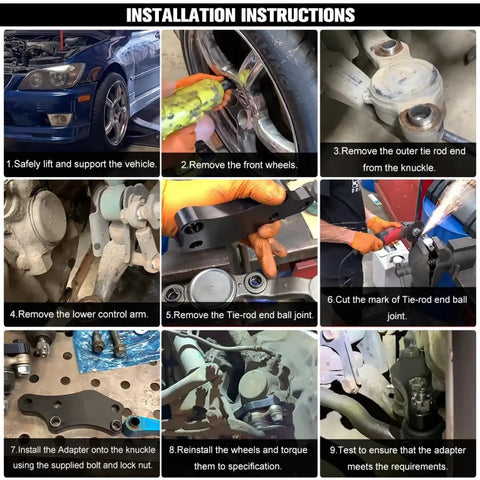 Installation instructions for Turn Angle Adapters Steering Lock Kit for drift enthusiasts with Aluminum T6061 adapters