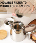 Top Tier Stainless Steel Teapot With Integrated Fine Mesh Infuser And Double Wall Construction That Stays Piping Hot One Liter Capacity, brew control.