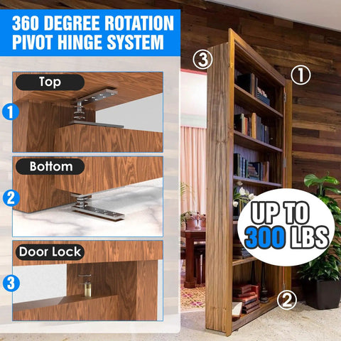 Rock Solid Heavy Duty Hidden Pivot Door Hinge Featuring Dead Smooth 360 Degree Ball Bearing Rotation For Secret Pantry Closet Doors view showing top, bottom, and door lock.