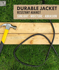 Heavy Duty 100 Ft Outdoor Extension Cord 14 Gauge 3 Conductor SJTW Yellow durable jacket on grass with hammer