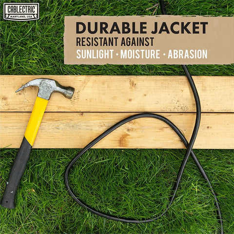 Heavy Duty 100 Ft Outdoor Extension Cord 14 Gauge 3 Conductor SJTW Yellow durable jacket on grass with hammer