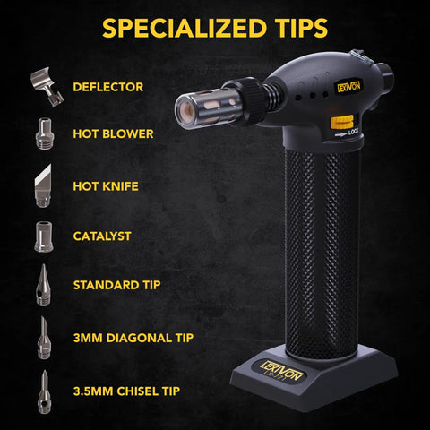 Butane Torch Multi-Function Kit With Self Igniting Soldering Station And Adjustable Flame Pro Grade 125-Watt Equivalent showing specialized tips