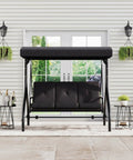 Front view of black Three-Seat Outdoor Porch Swing With Adjustable Canopy For Sun Protection, Sturdy 800 Lb Frame.