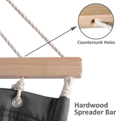 Close-up of hardwood spreader bar with countersunk holes on Two Person Hammock With Stand Heavy Duty Portable Hammock Supports Up To 475 Lbs Fade Resistant Quilted Polyester For Outdoor Camping And Backyard Chill Sessions Dark Grey.