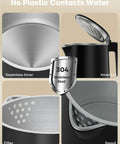 Collage showing the Tiny But Mighty 0.8L Electric Kettle With 1000W Fast Boil, double wall stainless, cool touch handle, BPA free.