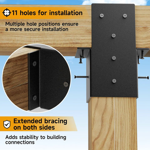 Heavy Duty 4x4 Pergola Bracket Set for Wood Posts, 14 Gauge Post Top and Rafter Brackets, Wall Mount Kit With Screws, Black Powder Coated