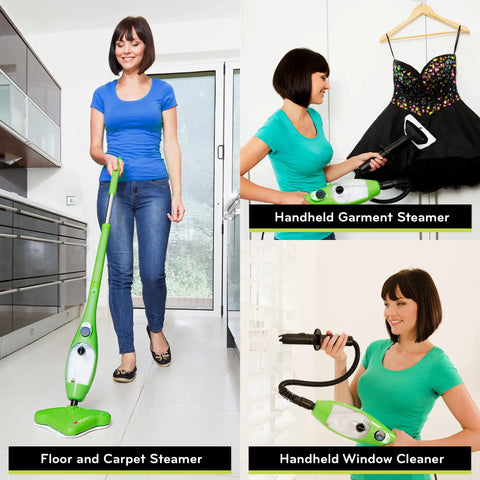 A Sleek 5 In 1 Steam Mop And Handheld Steam Cleaner That Knocks Out Grime On Sealed Hardwood Tile And Laminate Floors, in use on floors and garments.