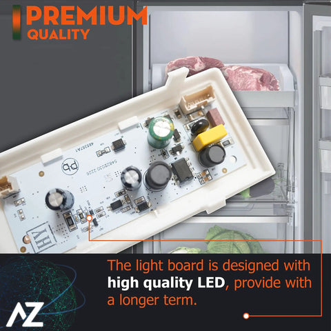 Plug And Play Refrigerator LED Light Replacement With Housing For Ceiling Right Side Easy Install Fits WRS322 And WRS325 Series Fridges Main LED Control Board Included, showing main LED control board close-up over open fridge.