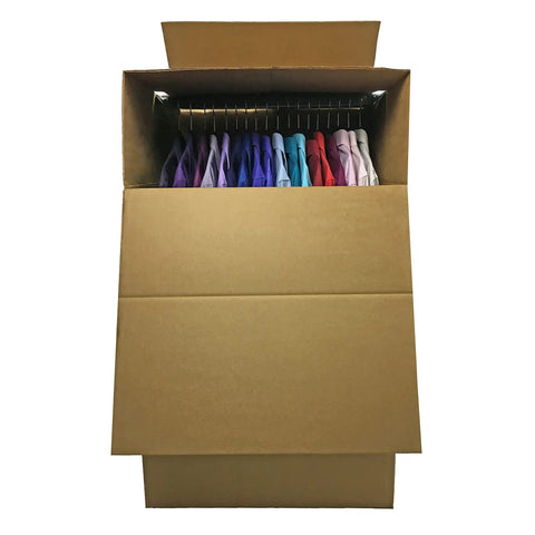 Space Saver Wardrobe Moving Boxes With Hanger Pack Of 3 Shorty Wardrobe Boxes 20x20x34 Inches showing hanging clothes inside box