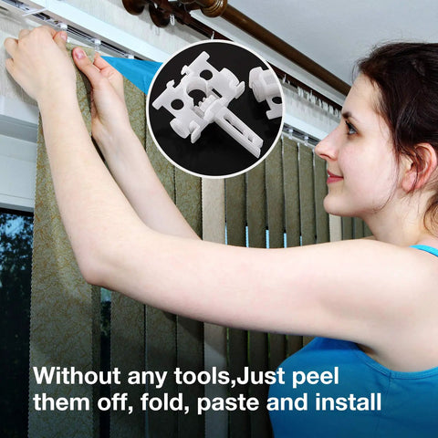Vertical Blind Repair Tabs Kit 20 Pieces Replacement Slats Window Fixer Parts installed on window by woman, simple peel and stick setup.