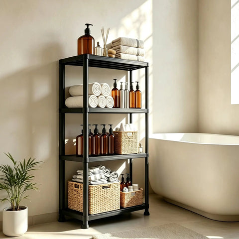No Drama Four Tier Plastic Shelving Unit For Tight Layouts, 53 Inch Tall Vertical Rack with towels and bottles in a bathroom setting.