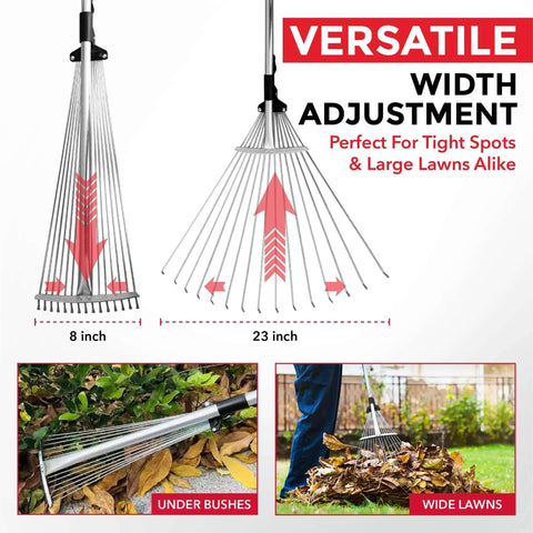 Adjustable Metal Rake With Collapsible Telescopic Handle for lawn cleanup, showing adjustable teeth width from 8 to 23 inches.
