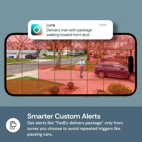 2K QHD Security Camera app notification on phone showing delivery man alert for indoor and outdoor use, home security