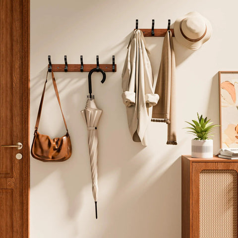 Solid Wood Wall Mounted Coat Rack With Five Heavy Duty Metal Hooks Holds Up To 25 Lbs Each in a stylish entryway setting.