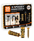 Thirty Five Pack Heavy Duty Self Expanding Metal Anchor Screws Tough Zinc Steel Plugs in clear case, 6x14mm size.